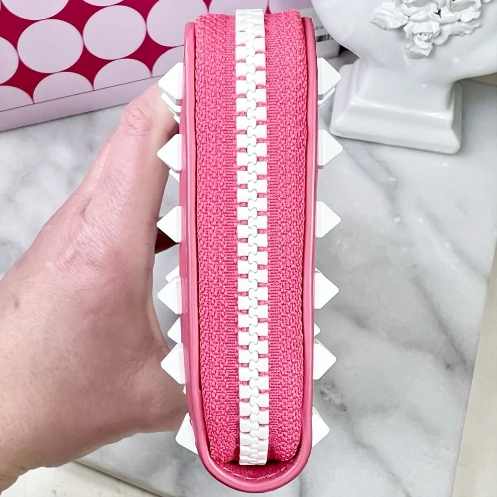Valentino Garavani Pink & White Vitello Colorblock Rockstud Zip Around Wallet